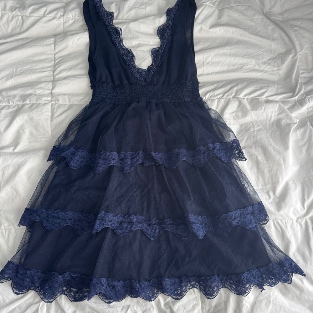 Free People Navy Lace Mini Dress Xs Layered Tulle Fit & Flare